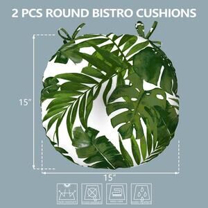 2 Round Outdoor Cushions All Weather 15" bistro seat chair green palm leaves new